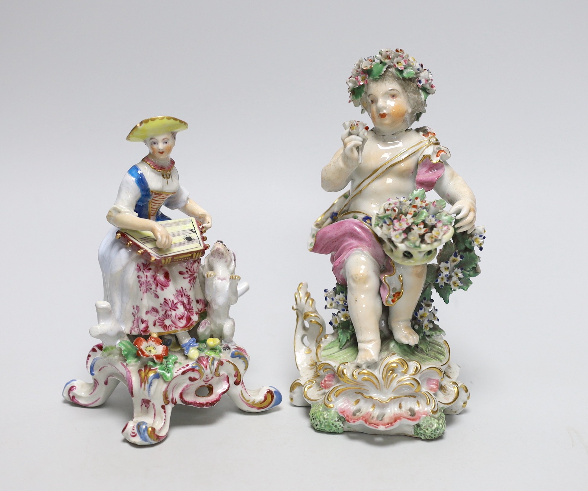 An 18th century Derby figure of a girl playing a musical instrument with a dog at her side and another of a putti flower girl, 17cm
